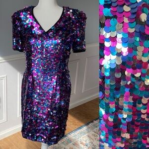 NWT Vintage Multi Color Sequin Paillette Dress V Neck Short Sleeve Leslie Fay